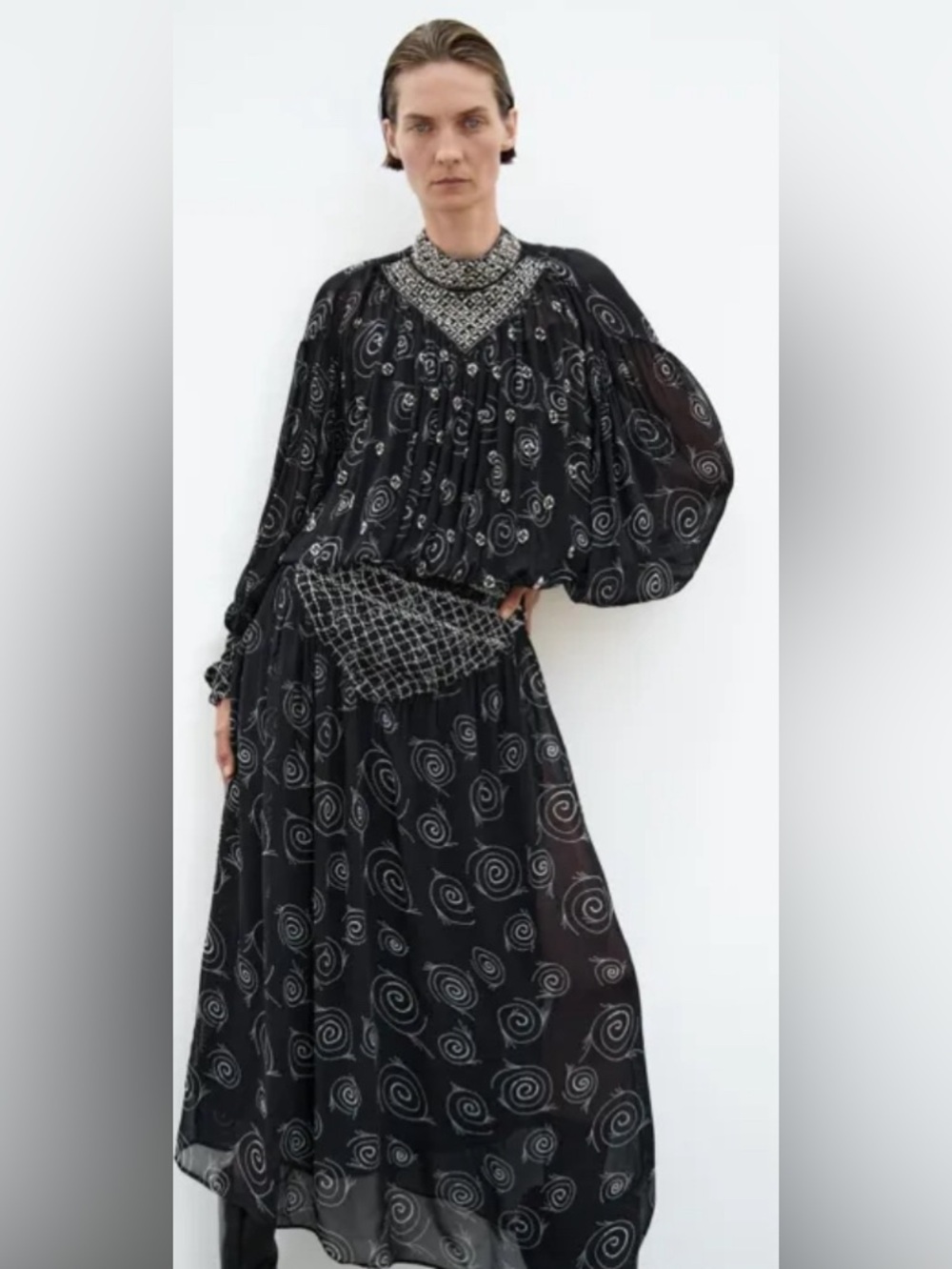 Zara Black Spiral-Print Maxi Dress with Beaded Yoke/ Size Small